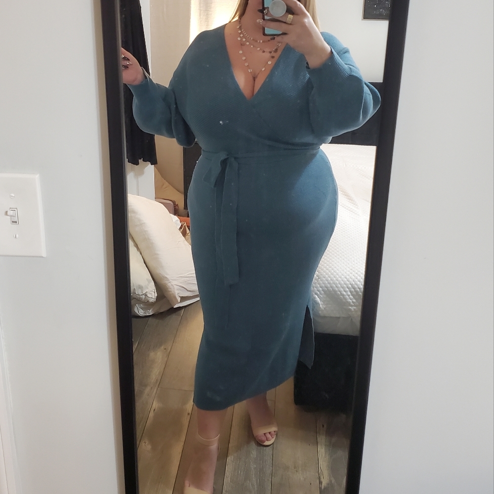 Fashion Nova Teal Wrap Midi Dress